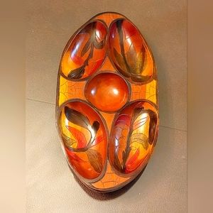 Vintage Divided Wooden Tray - Hand Painted Carved Wooden Plate/Bowl